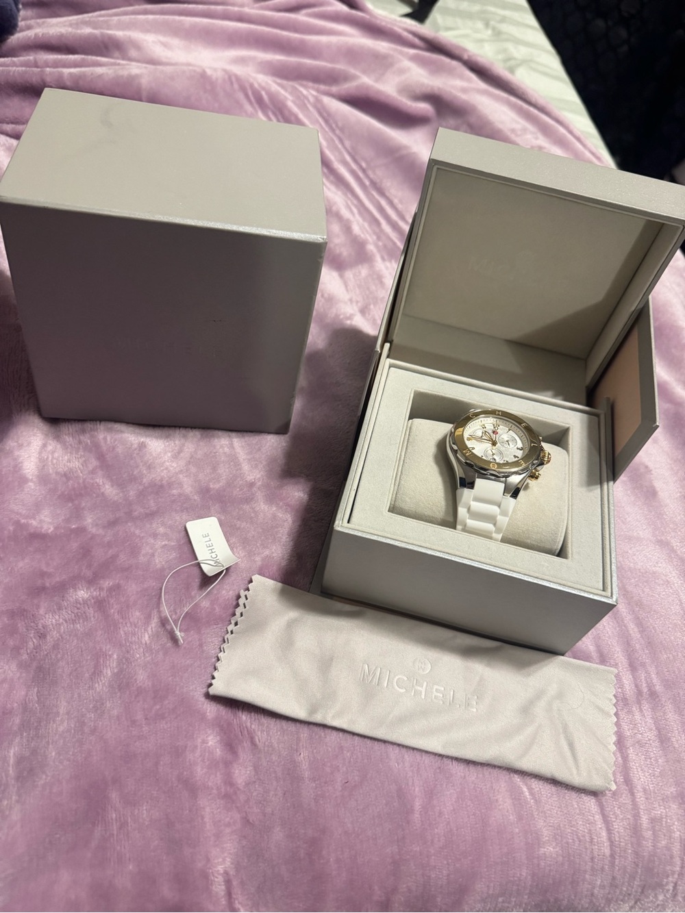 Michele White Rubber Band Watch with Gold-Tone Bezel